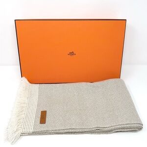 Hermes 100% Cashmere Warm Fringe Scarf Light Grey Brown White